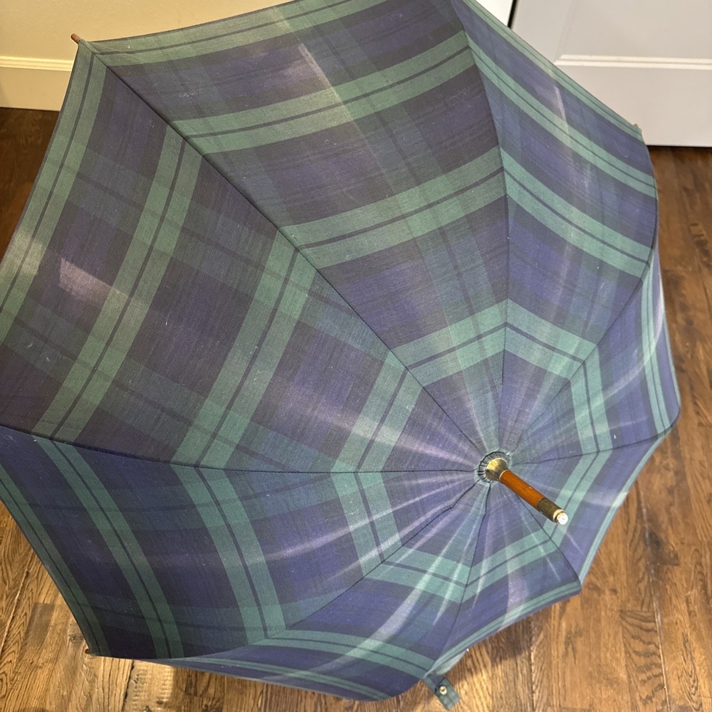 VTG Polo Ralph Lauren Umbrella Blackwatch Tartan Blue Green – Wooden Hook Handle
